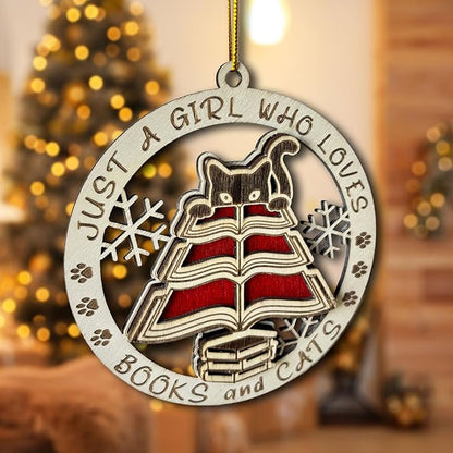 A Girl Loves Books and Cats Ornament – Cute Wooden Christmas Ornament for Cat Lovers, Readers, and Book Enthusiasts – Perfect or Keepsake