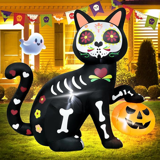 5FT Skeleton Cat Halloween Inflatable Decoration Pumpkin Decor Spooky Halloween Blow Up Decor for Parties with LED Lights Indoor Outdoor Holiday Yard Graden Decoration