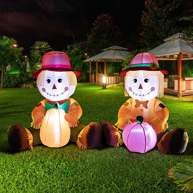 3.3FT Fall Day Outdoor Inflatable Decoration, Set of 2 Adorable Air-Blown Boy Girl Scarecrow with Pumpkin Yard Decor, Lighted Thanksgiving Harvest Decorations for Front Door Garden Lawn