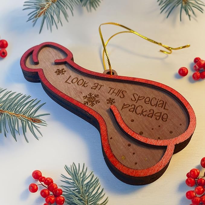 Look at This Special Package Novelty Christmas Ornament - Fun and Quirky Wooden Penis-Shaped Holiday Decoration (Brown Special Package)