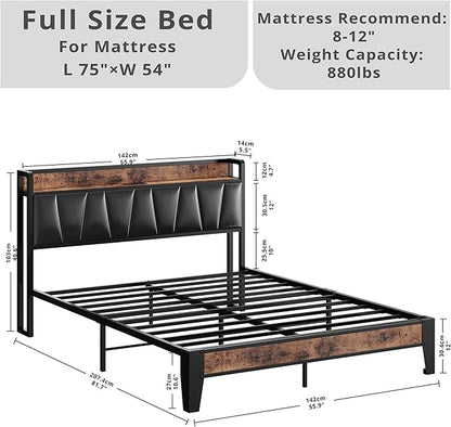 LIKIMIO Full Size Bed Frame, Storage Headboard with Charging Station, Solid and Stable, Noise Free, No Box Spring Needed, Easy Assembly (Vintage and Black)