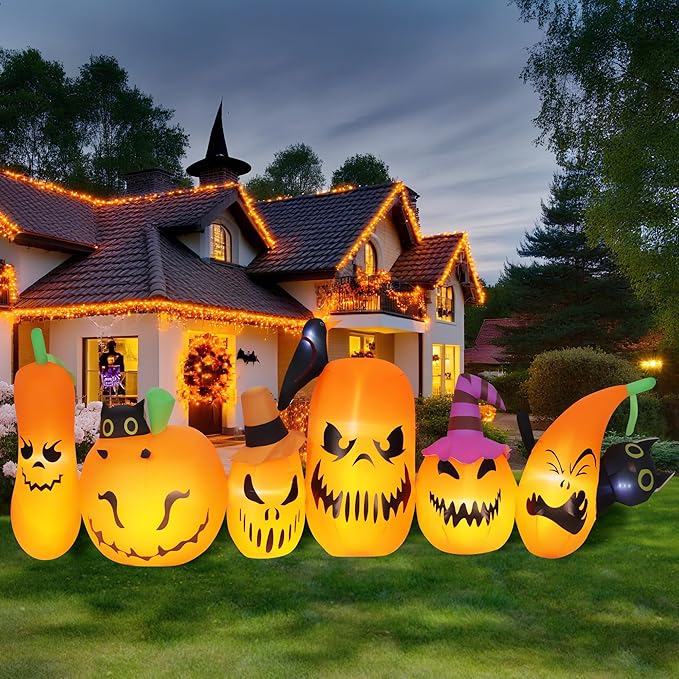 Halloween Inflatables Outdoor Decorations, Blow Ups 6 PCS Pumpkins Black Cat with Build-in LED Lights, Funny Yard Garden Decoration for Halloween Party Indoor Outdoor