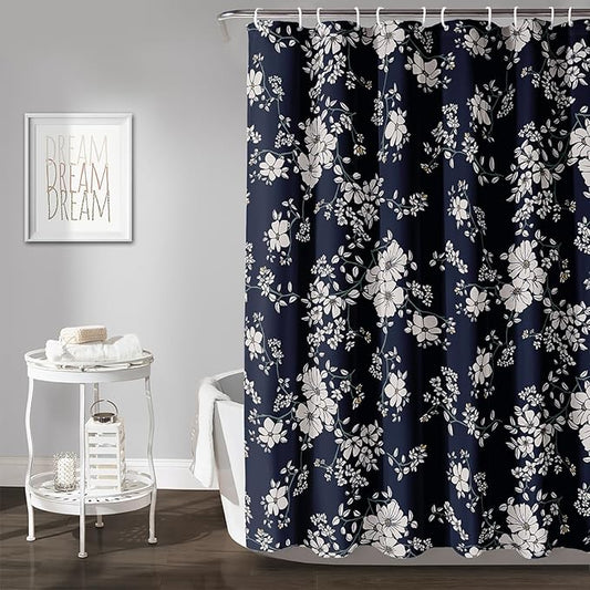 AILONEN Luxuriant Flowers Shower Curtain,White Flower on Black Background Waterproof Shower Curtain Set for Girls Boys Teens, 36" W*72" H Patchwork Flower Shower Curtain