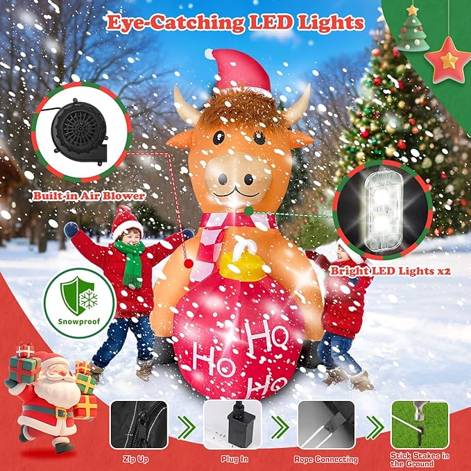 Christmas Inflatable Cow Outdoor Decoration with Christmas Ball, 4FT Blow Up Yard Decoration with Built-in LEDs for Garden Lawn Indoor Party Holiday Decor
