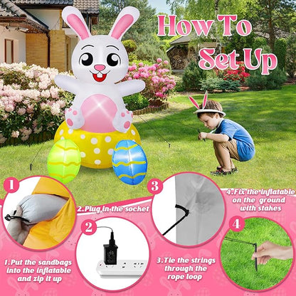 B&D 4FT Easter Inflatables Outdoor Decorations, Blow Up Inflatable Bunny Sits on Colorful Eggs Built-in LED Lights Happy Easter Yard Decorations for Holiday Party Indoor Outdoor Garden Lawn Decor