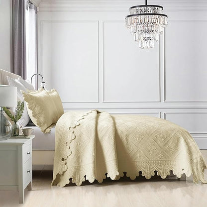 MarCielo 3-Piece 100% Cotton Oversized Bedspread Lightweight Quilt Coverlet Embroidery Farmhouse Bedding Set (Tk Beige Khaki, Oversized Queen (100"x106"))