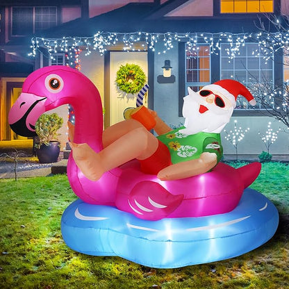 8 FT Hawaiian Santa on Flamingo Pool Float Christmas Inflatables Outdoor Decorations, Christmas Blow Up Santa Claus Yard Decorations for Garden Lawn Xmas Decor