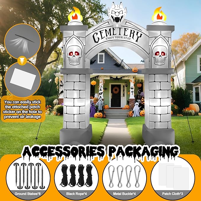 Kalolary 10FT Halloween Archway Inflatables, Giant Haunted Cemetery Arch Inflatable with LED Lights Scary Halloween Outdoor Blow Up Decoration for Yard Garden Lawn Holiday Party Decors