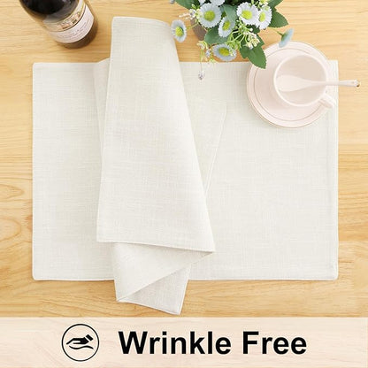homing Cotton Linen Placemats Set of 6 and Table Runner 90" Long, Cream Washable Cloth Place Mats with Table Runner for Indoors & Outdoors, Easy to Clean