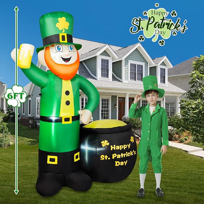 6FT St Patricks Day Inflatables Outdoor Decorations, Leprechaun Inflatable Holds Beer Cup with Pot of Gold Built-in LED Lights, St Patricks Day Decorations for Party Holiday Yard Garden Decor