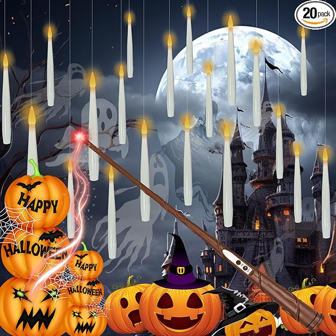 Halloween Decorations, 20 PCs Floating Candles with Wand, Magic Hanging Candles, Flickering Warm Light Flameless Floating LED Candle with Wand Remote, Battery Operated Taper Candle Set for Theme Party