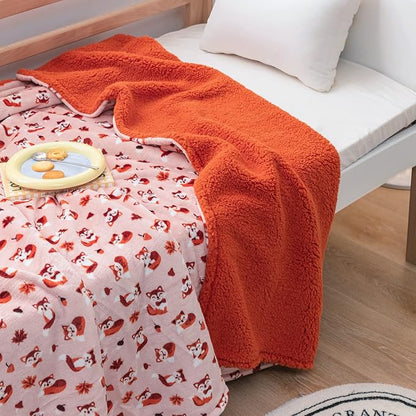DaysU Plush Flannel Sherpa Baby Blanket for Girls Boys, Portable Reversible Soft Micro Fleece Baby Crib Throw Blanket with Animal Print for Newborn and Nursery, Fox, 30"x40"