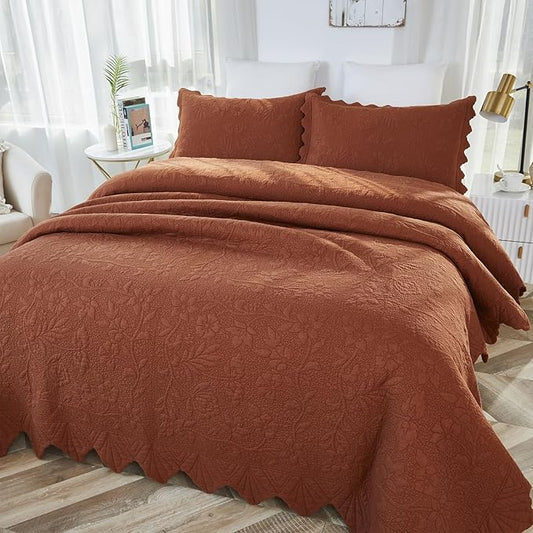 Brandream Queen Size Quilt Set Cotton Quilts Pumpkin Orange Farmhouse Bedding Set Matelasse Coverlet Set Scalloped Edge Quilts 3-Piece