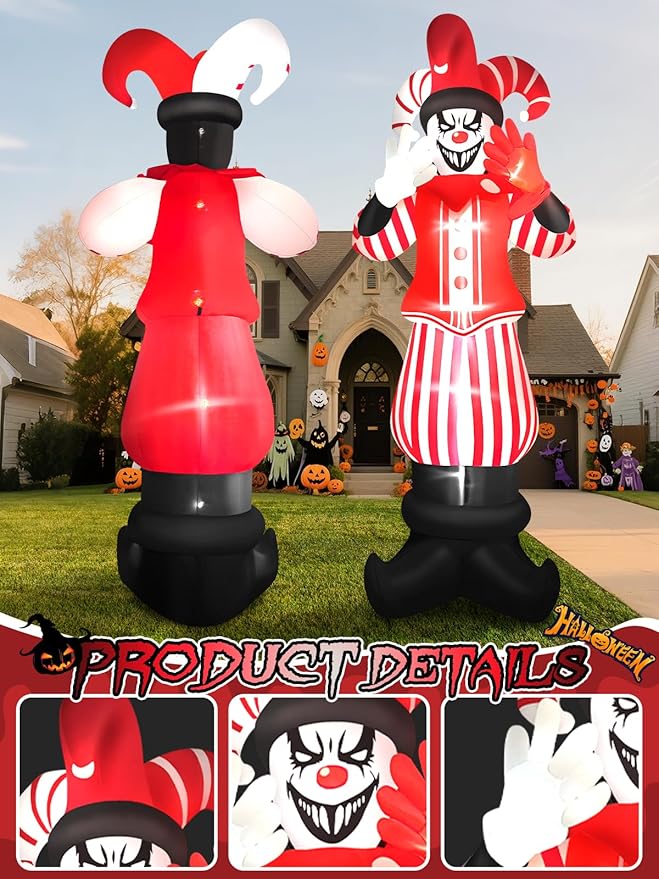 12FT Giant Halloween Inflatable Decoration, Kalolary Red Costume Scary Clown Blow Ups with Built-in LED Lights Large Huge Scary Clown Inflatable for Halloween Party Lawn Garden Outdoor Yard Decoration