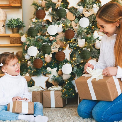 Syhood 9 Pcs 2.36 Inch Christmas Ball Ornaments Boho Farmhouse Jute Rope Hanging Balls Burlap Neutral Rustic Ornaments for Xmas Tree Holiday Wreath Garland Wedding Home(White, Green, Light Brown)