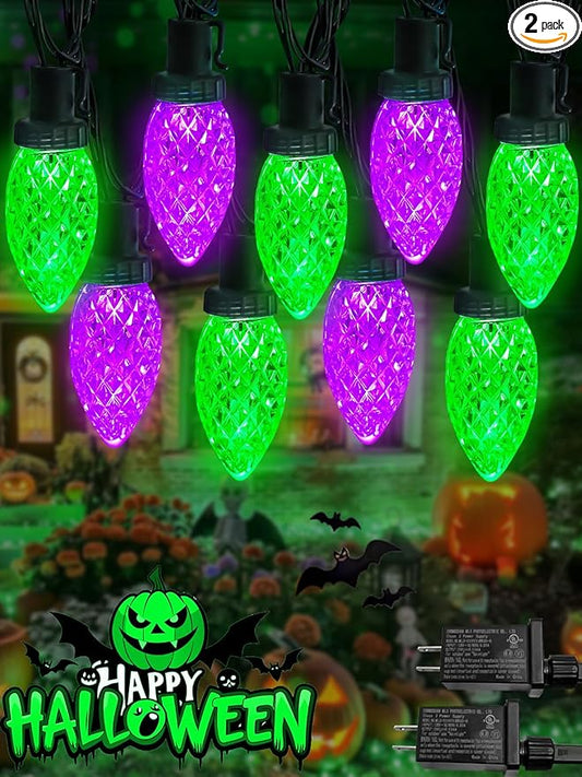 2 Pack 100LED Purple and Green C9 Halloween Lights Indoor Outdoor, 66 FT String Lights Extendable Waterproof Plug in LED Strawberry Lights Halloween Decorations for Black Tree Garden Patio Party Yard