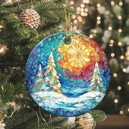 Happy Winter Ornaments Snow Pine Round Ceramic Stained Glass Style Hanging Ornament Christmas Keepsake Decor for Xmas Tree Winter Holiday Xmas Gift for Women Men 3"
