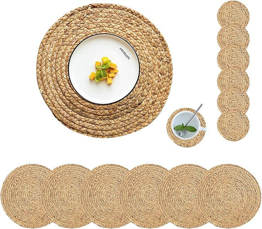 Round Woven Placemats Set of 6 with 6 Coasters Natural Water Hyacinth Place Mats, 13.5 Inch Rattan Placemats Wicker Farmhouse Boho Straw Heat Resistant Outdoor Placemats Patio Table Mats