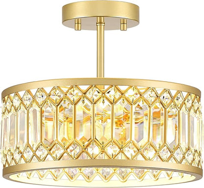 Crystal Ceiling Light Fixture, Modern Semi Flush Mount Light, Gold Lighting Fixtures Ceiling Chandelier for Kitchen, Bedroom, Dining Room, Hallway, 3-Light, 12.2 Inch