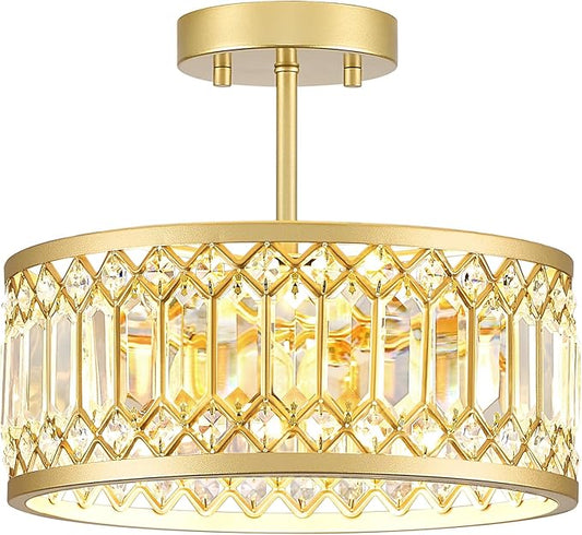 Crystal Ceiling Light Fixture, Modern Semi Flush Mount Light, Gold Lighting Fixtures Ceiling Chandelier for Kitchen, Bedroom, Dining Room, Hallway, 3-Light, 12.2 Inch