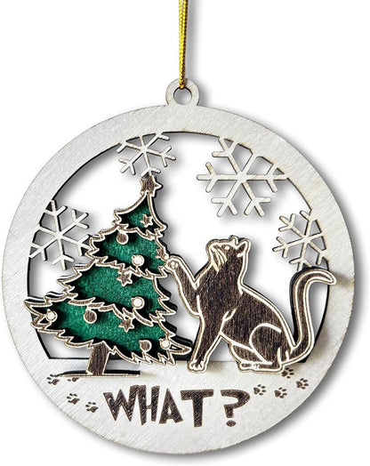 Black Cat Wooden Ornament - Funny Kitten and Christmas Tree Decoration