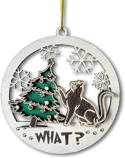 Black Cat Wooden Ornament - Funny Kitten and Christmas Tree Decoration