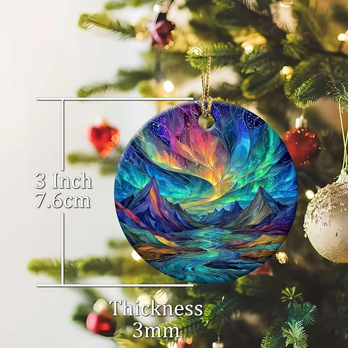 Christmas Northern Lights Ornament Colorful Round Ceramic Ornament Xmas Keepsake for Christmas Tree Winter Holiday Xmas Gift for Women Men Xmas Holiday Party Decor 3"