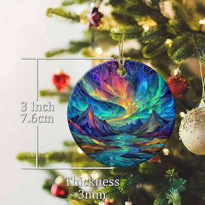 Christmas Northern Lights Ornament Colorful Round Ceramic Ornament Xmas Keepsake for Christmas Tree Winter Holiday Xmas Gift for Women Men Xmas Holiday Party Decor 3"