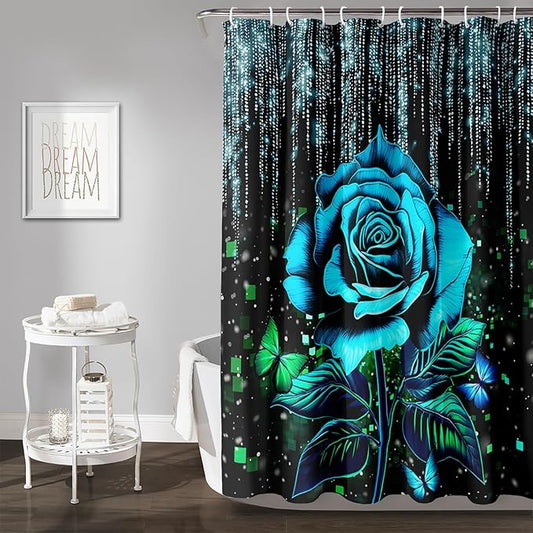 AILONEN Blue Rose Shower Curtain for Bathroom, Glitter Starry Flower Print Bath Curtain,Blue and Black Waterproof Floral Butterfly Shower Curtain Decoration with 12 Plastic Hooks, 72" W*72" H