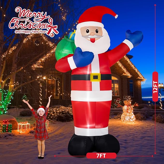 B&D 12FT Giant Christmas Inflatables Santa Claus Outdoor Decorations Built-in LED Lights, Christmas Blow Up Santa Yard Decorations with Gift Bag Inflatable Xmas Decorations for Yard Garden Lawn