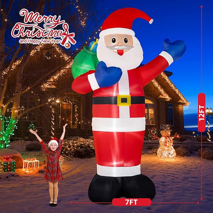 B&D 12FT Giant Christmas Inflatables Santa Claus Outdoor Decorations Built-in LED Lights, Christmas Blow Up Santa Yard Decorations with Gift Bag Inflatable Xmas Decorations for Yard Garden Lawn