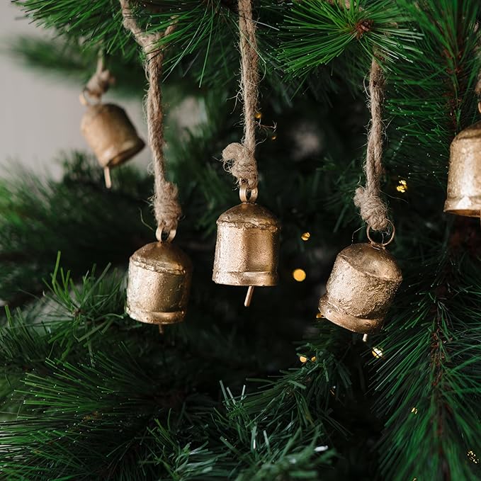 Rustic Golden Christmas Bell Ornaments and Velvet Bows – Beautiful Ornament Set of 10 Adds Elegance to Any Modern or Farmhouse Christmas Tree Decor – Giftable Vintage Bells w/a Festive Holiday Sound