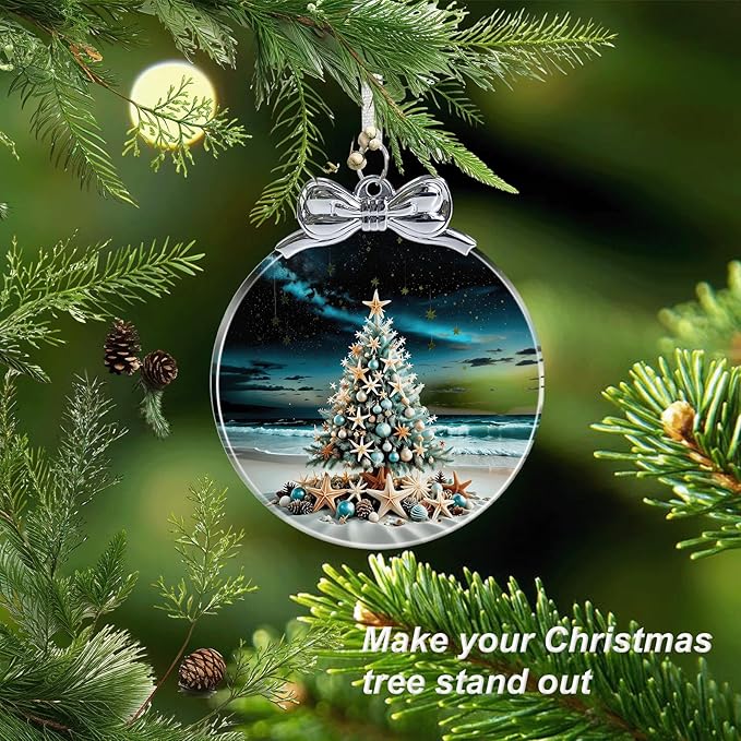 Seaside Christmas Tree Stained Glass Christmas Ornament - Hanging Ornaments for Christmas Tree Decorations - Holiday Keepsake Present Exchange Idea