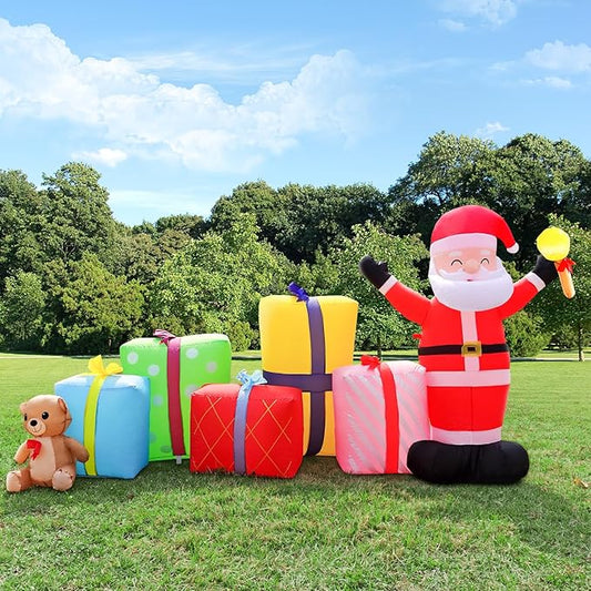 DomKom 8FT Christmas Inflatables Outdoor Decoration, Blow up Gift Boxes Santa Claus Build-in LED Lights for Party Lawn Holiday Winter Decor