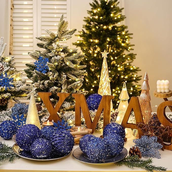 6pcs 3.94" Christmas Ball Ornaments Glitter Shatterproof Christmas Tree Ornaments Sequin Xmas Hanging Balls Decorations for Wedding Party Holiday(Sapphire, 6pc-10cm)