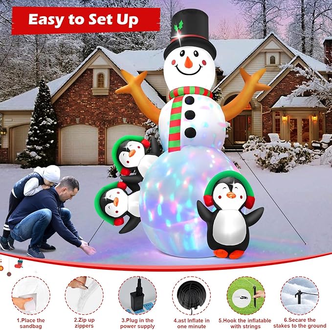 6.3 FT Christmas Inflatable Snowman Outdoor Decoration with Build-in Multicolor LEDs, Snowman with 3 Penguins Blow Up Inflatables Christmas for Yard Garden Lawn Xmas Holiday Decor