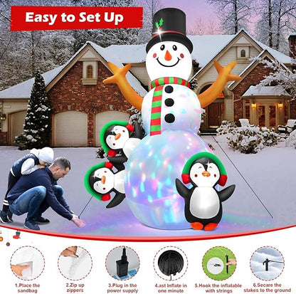 6.3 FT Christmas Inflatable Snowman Outdoor Decoration with Build-in Multicolor LEDs, Snowman with 3 Penguins Blow Up Inflatables Christmas for Yard Garden Lawn Xmas Holiday Decor