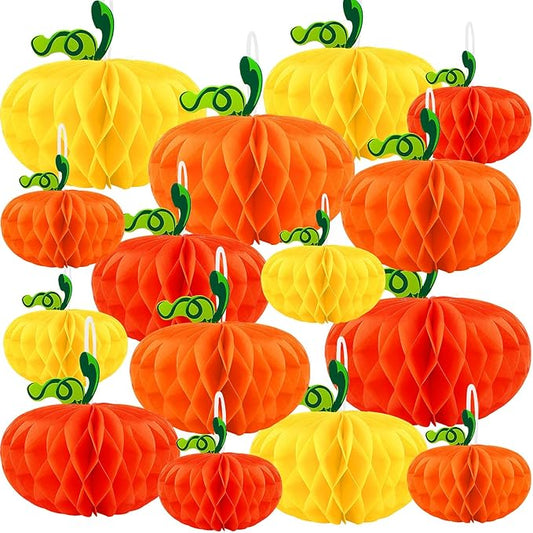 15PCS Pumpkin Honeycomb Decorations, Orange Red Yellow Honeycomb Fall Hanging Ornaments for Autumn Thanksgiving Party Favor Supplies