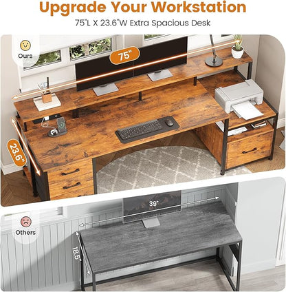 SEDETA Home Office Desk with File Drawer & Power Outlet, 75'' Large Computer Desk with 5 Drawer, Storage Shelves, Monitor Shelf and Led Lights, 23.6" W Desktop Gaming Desk, Rustic Brown