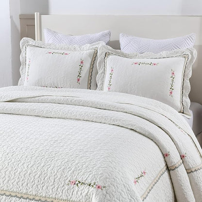 MarCielo 3-Piece 100% Cotton Oversized Bedspread Lightweight Quilt Coverlet Embroidery Farmhouse Bedding Set (Sakura White, Oversized Queen (100"x106"))