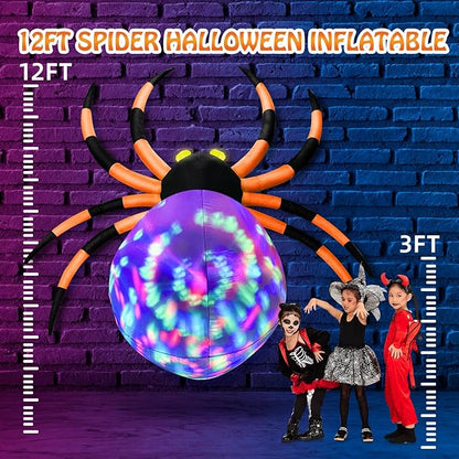 12Ft Halloween Inflatables Spider with 7-Colors Changing LED Lights, Decorations Outdoor Rotating Lights & Glowing Eyes, Large Creepy Props for Yard Garden Decor Orange