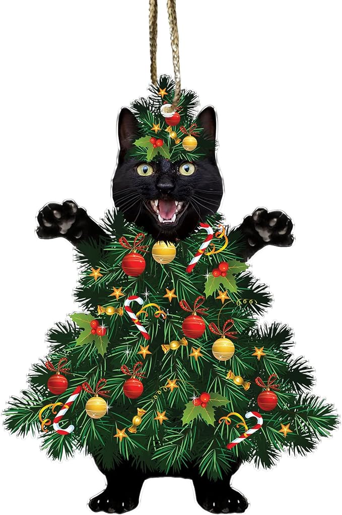 Black Cat Acrylic Christmas Ornament - Fun Holiday Decoration for Pet Owners - Festive Tree Ornament with Black Cat in a Christmas Tree Design