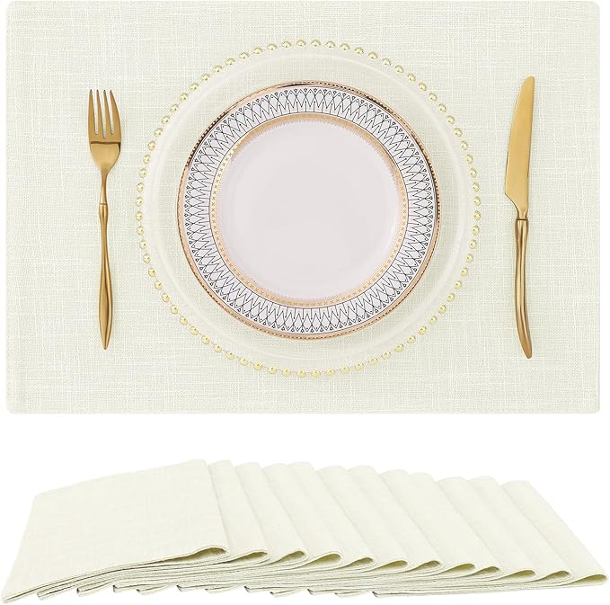 homing Cream Cloth Placemats Set of 12 – Cotton Linen Blend Washable Farmhouse Dining Table Mats for Indoors & Outdoors, Easy to Clean, 13 x 19 Inch