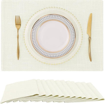 homing Cream Cloth Placemats Set of 12 – Cotton Linen Blend Washable Farmhouse Dining Table Mats for Indoors & Outdoors, Easy to Clean, 13 x 19 Inch
