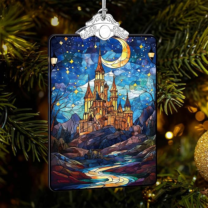 Castle Stained Glass Ornament, 2025 Christmas Tree Hanging Decoration for Gift Exchange or Stocking Stuffer, Fantasy Holiday Decor, 3.8 x 2.4 Inch