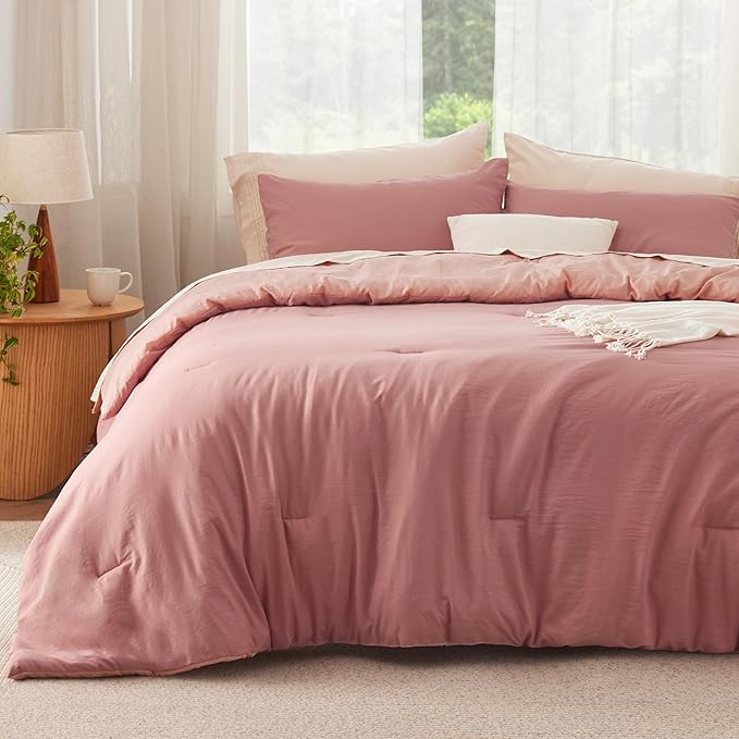 Bedsure Twin/Twin XL Comforter Set, Reversible Pink Clay Soft Prewashed Bedding for All Seasons, 2 Pieces Warm Down Alternative Bed Set, 1 Lightweight Comforter (68"x88") and 1 Pillowcase