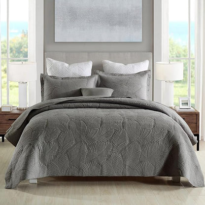 mixinni Grey Palm Tree Pattern Soft Cotton Quilt Set for Him and Her-King Size