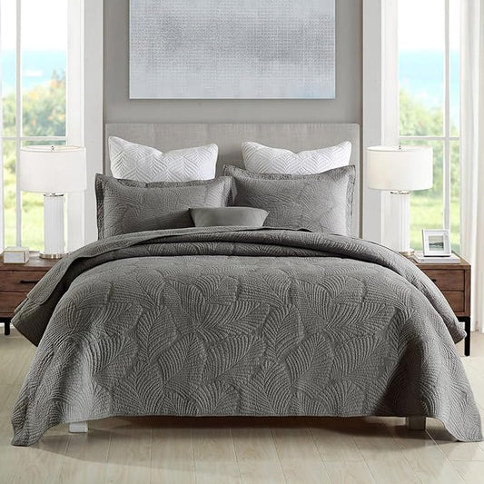 mixinni Grey Palm Tree Pattern Soft Cotton Quilt Set for Him and Her-King Size