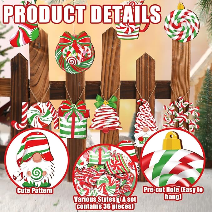 Suzile 36 Pcs Christmas Wooden Ornaments Peppermint Ornaments for Tree Vintage Christmas Decor Red and Green Candy Cane Tree Decorations Xmas Hanging Wood Cutouts Decor for Home Winter Party Wreaths