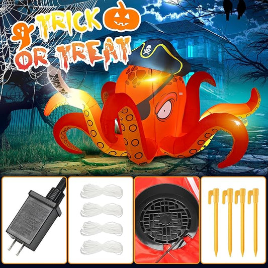 Hiboom Inflatables Giant Octopus Orange Pirate Octopus 7.2 FT Halloween Outdoor Decorations LED Light Blow up Halloween Decor for Indoor Outdoor Party Garden Lawn Decoration